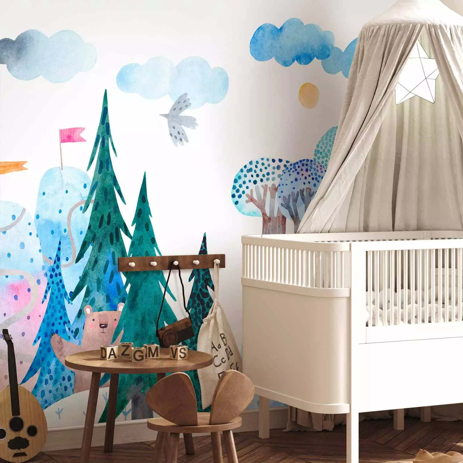 Photo Wallpaper Journey in the forest - landscape with cloud mountains and trees for children