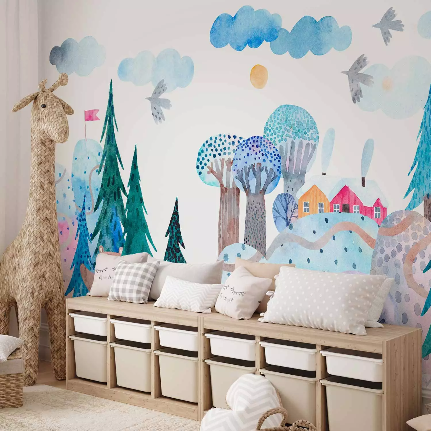 Photo Wallpaper Journey in the forest - landscape with cloud mountains and trees for children