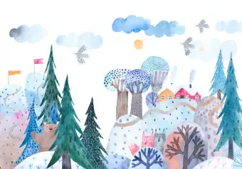 Photo Wallpaper Journey in the forest - landscape with cloud mountains and trees for children Wallpaper Cropper