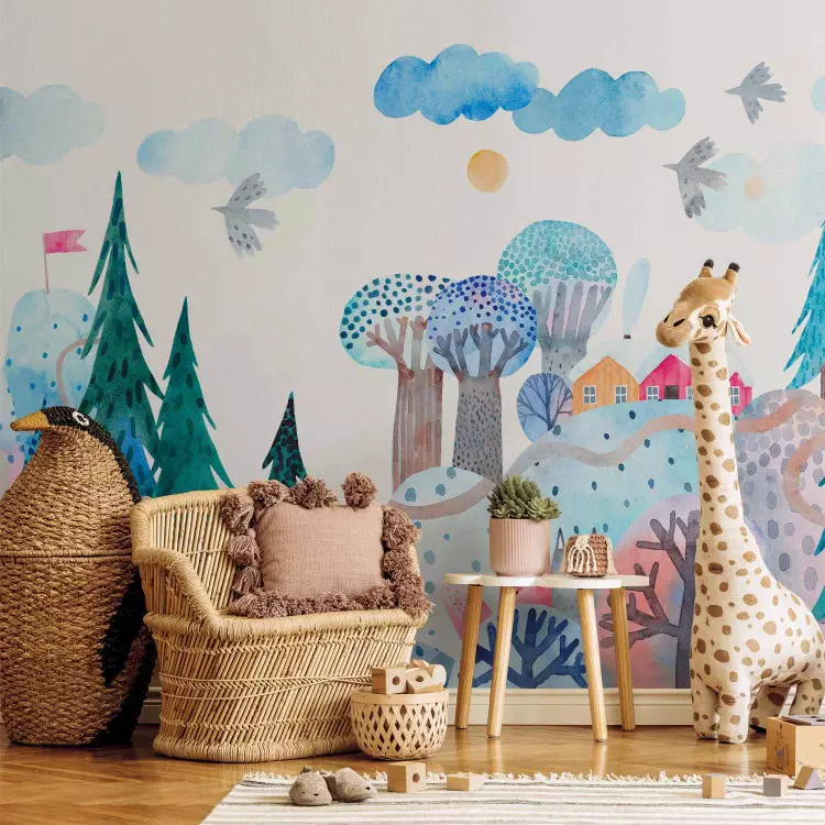 Journey in the forest - landscape with cloud mountains and trees for children
