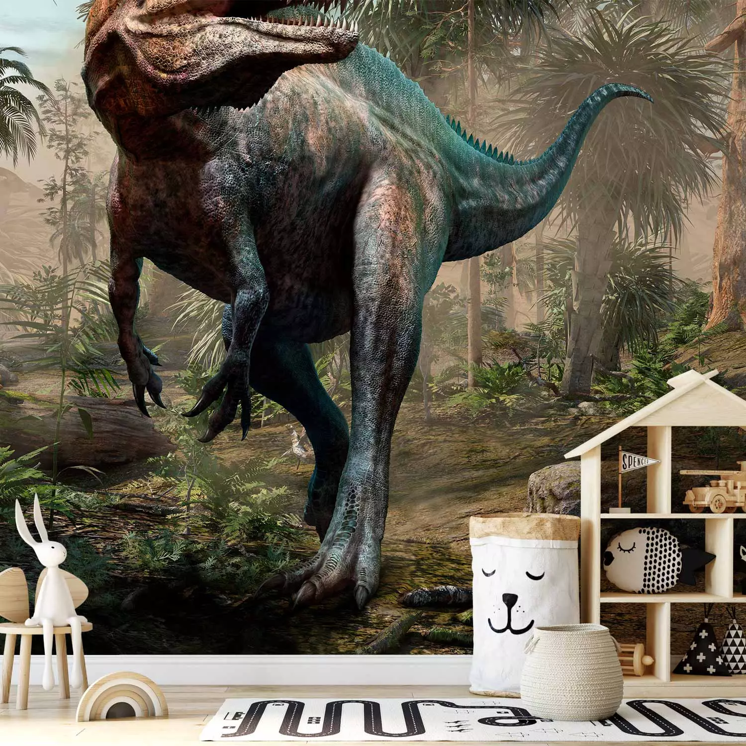Wall Mural Tyrannosaurus on the hunt - dinosaur in a jungle with trees for kids