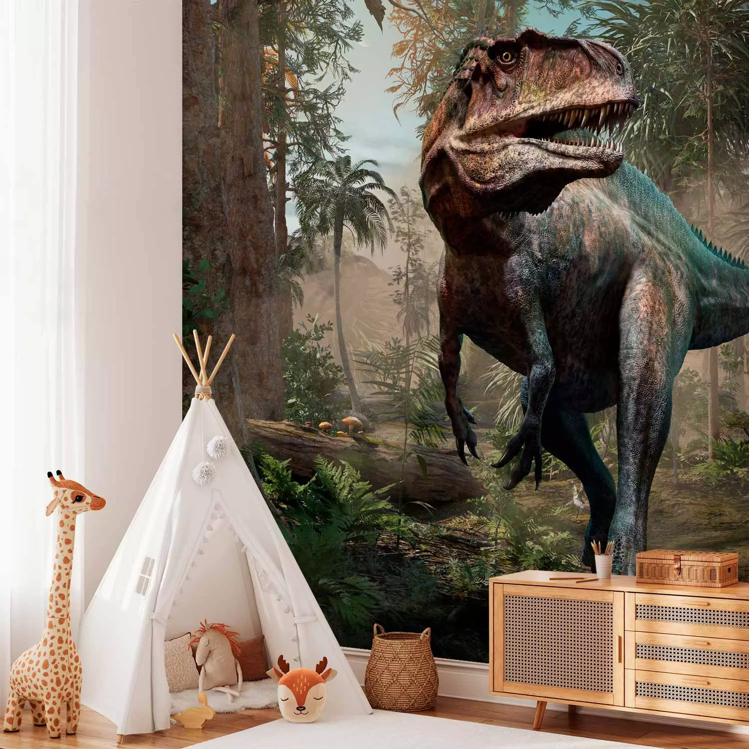 Wall Mural Tyrannosaurus on the hunt - dinosaur in a jungle with trees for kids