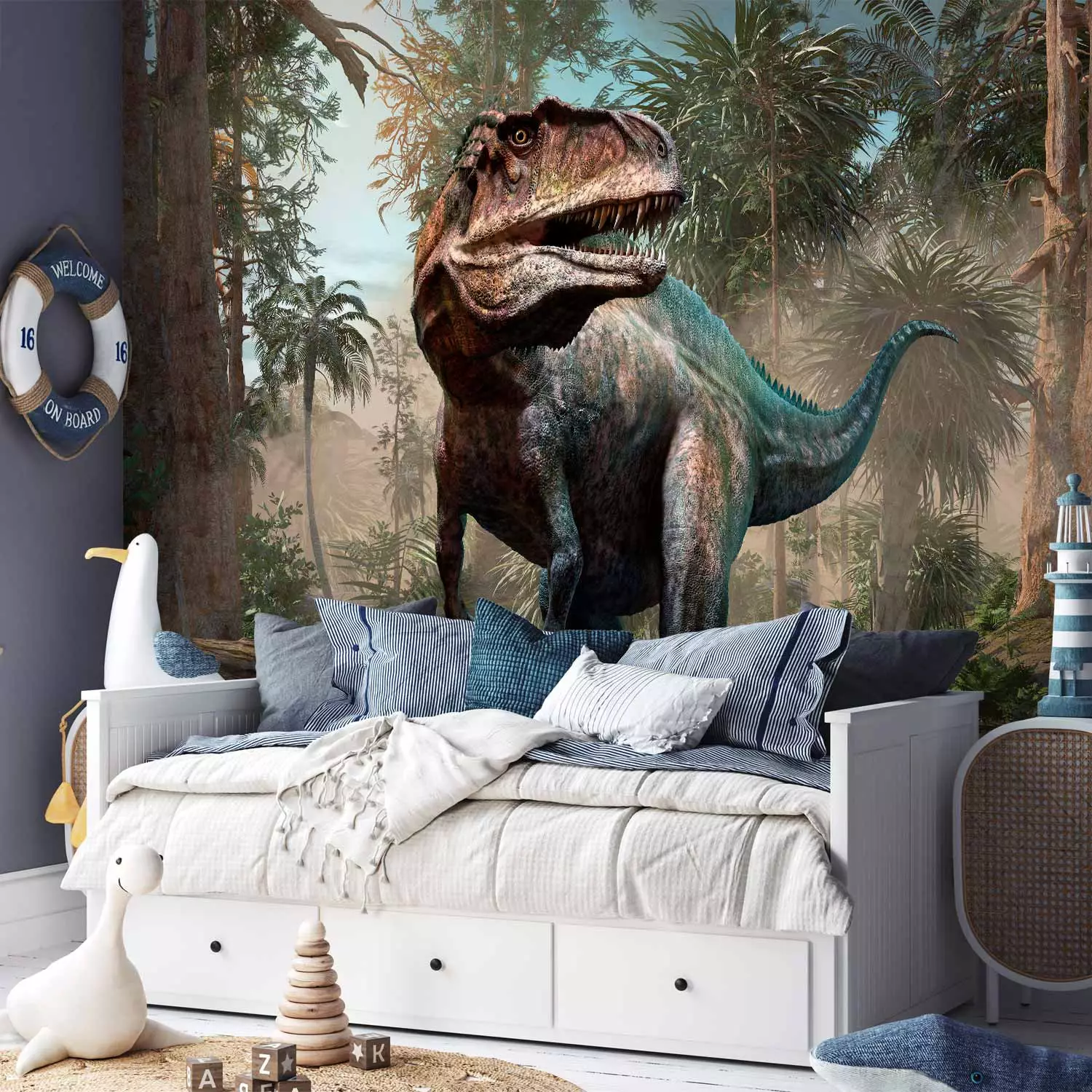 Wall Mural Tyrannosaurus on the hunt - dinosaur in a jungle with trees for kids