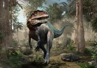 Wall Mural Tyrannosaurus on the hunt - dinosaur in a jungle with trees for kids Wallpaper Cropper