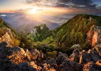 Wall Mural Peak landscape - landscape with sunset over rocky mountains Wallpaper Cropper