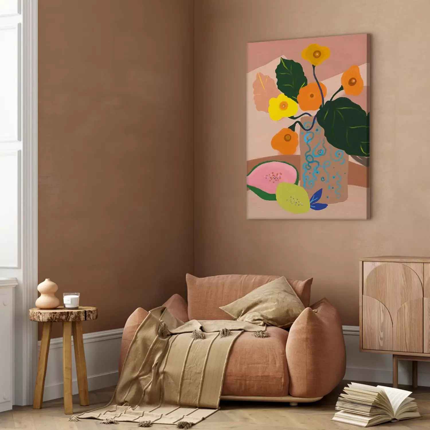 Canvas Flowers in Vase Vertical - bouquet and exotic fruits