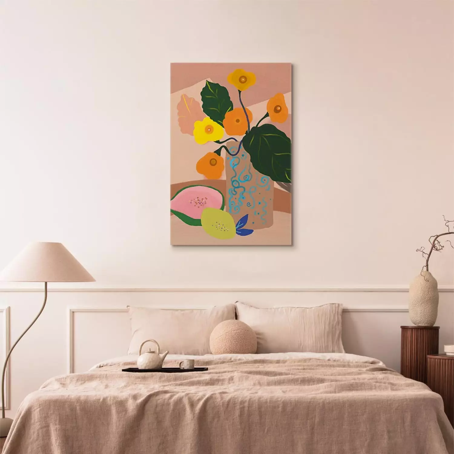 Canvas Flowers in Vase Vertical - bouquet and exotic fruits