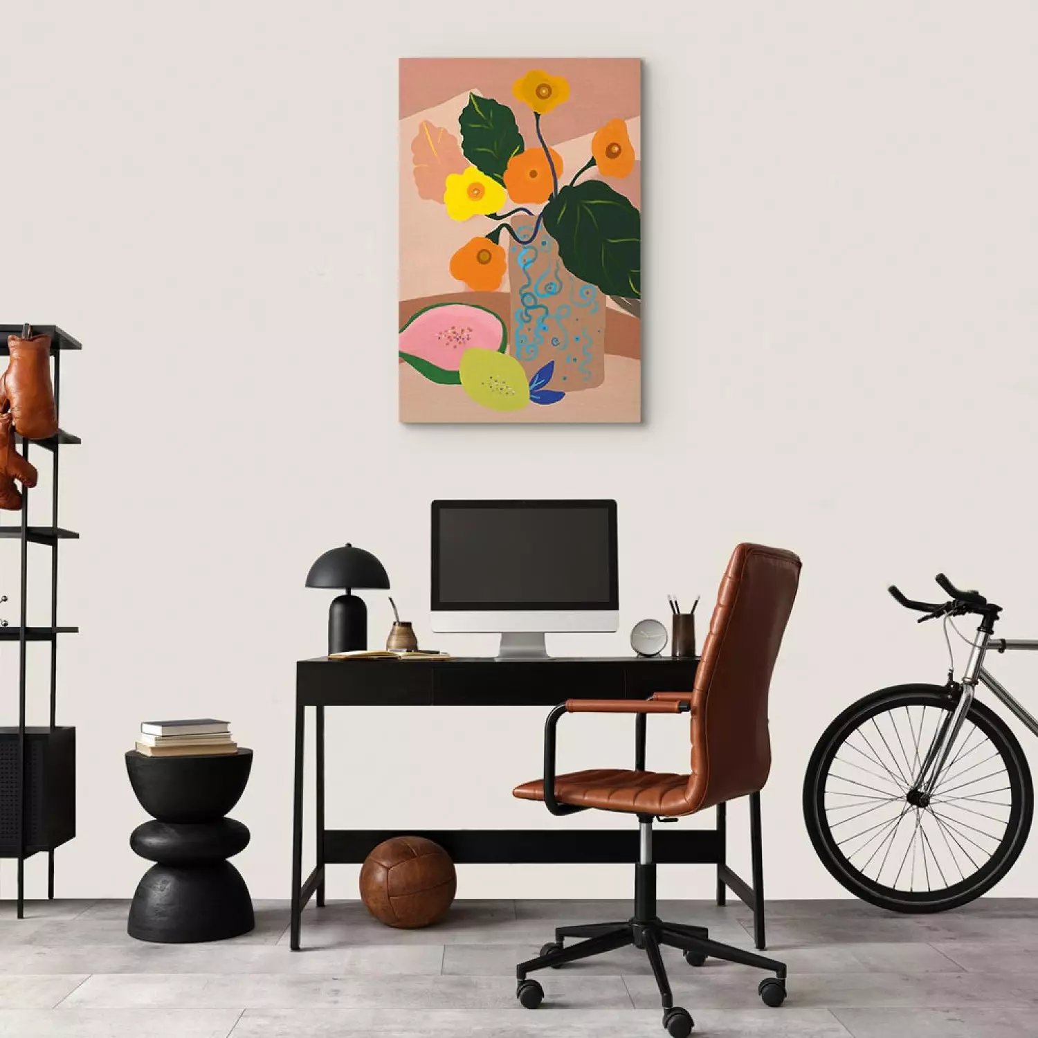 Canvas Flowers in Vase Vertical - bouquet and exotic fruits