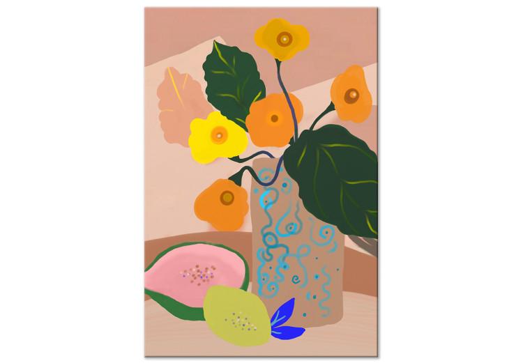 Canvas Flowers in Vase (1-piece) Vertical - bouquet and exotic fruits