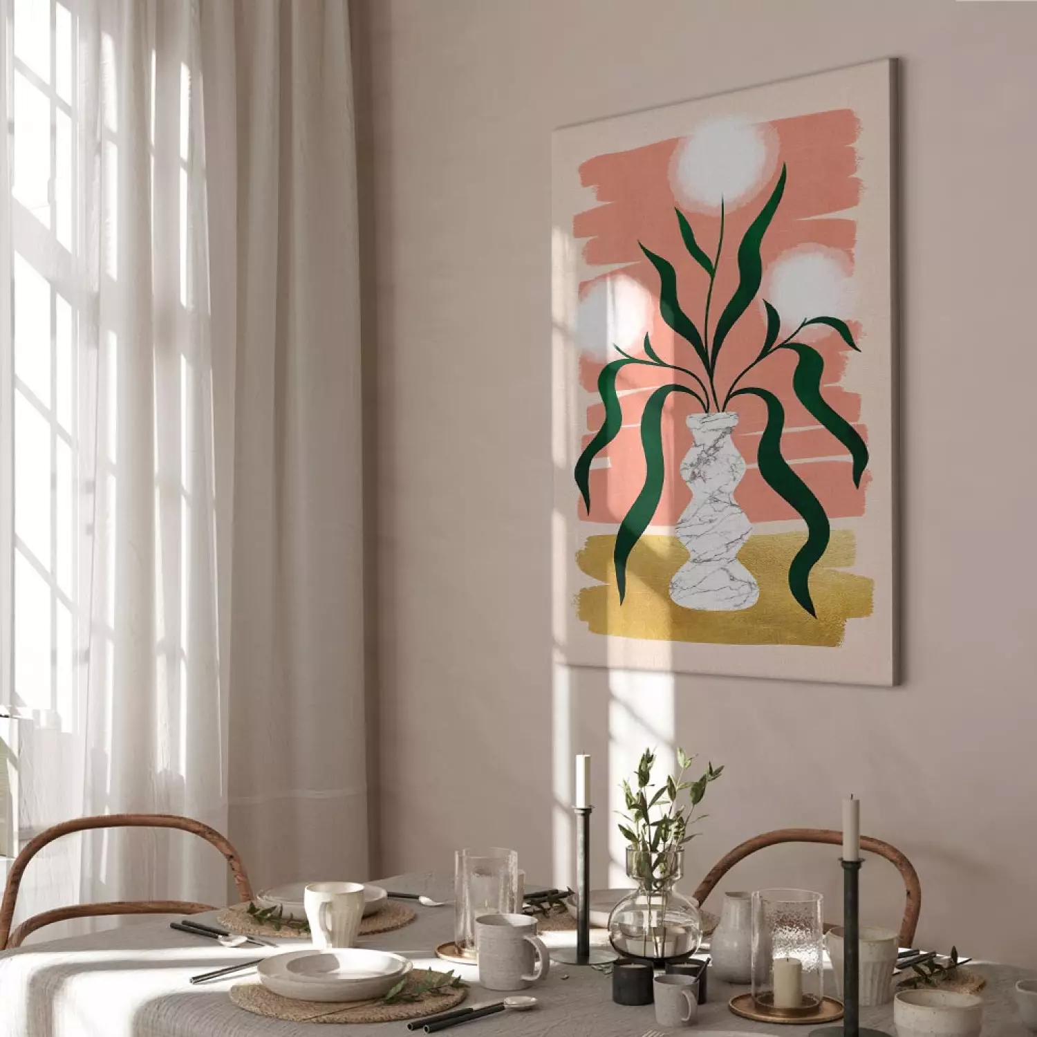 Canvas Dandelions in Vase Vertical - white flowers and leaves