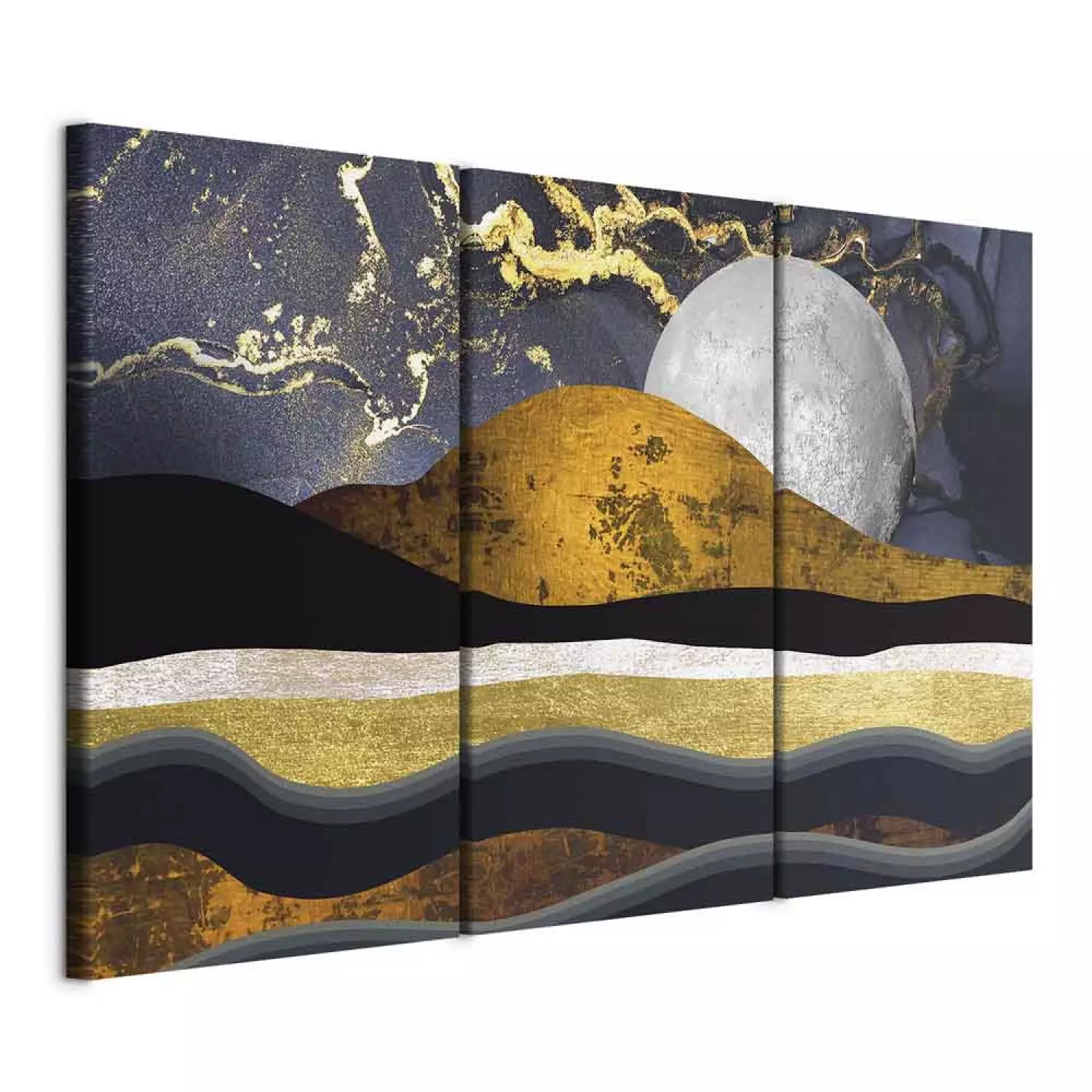 Canvas Art Print Golden Night (3-piece) - gilded sky and moon in art deco style