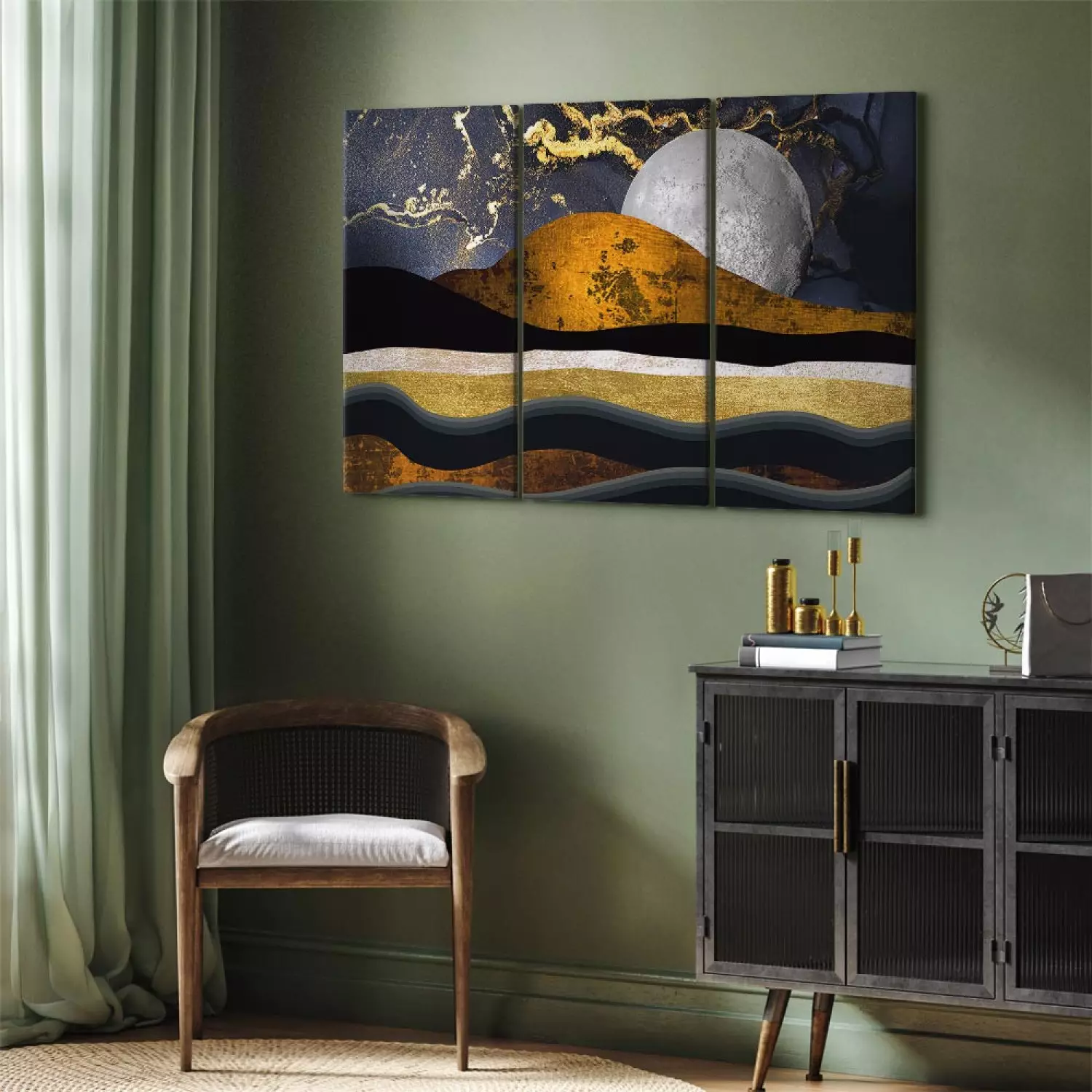 Canvas Art Print Golden Night (3-piece) - gilded sky and moon in art deco style