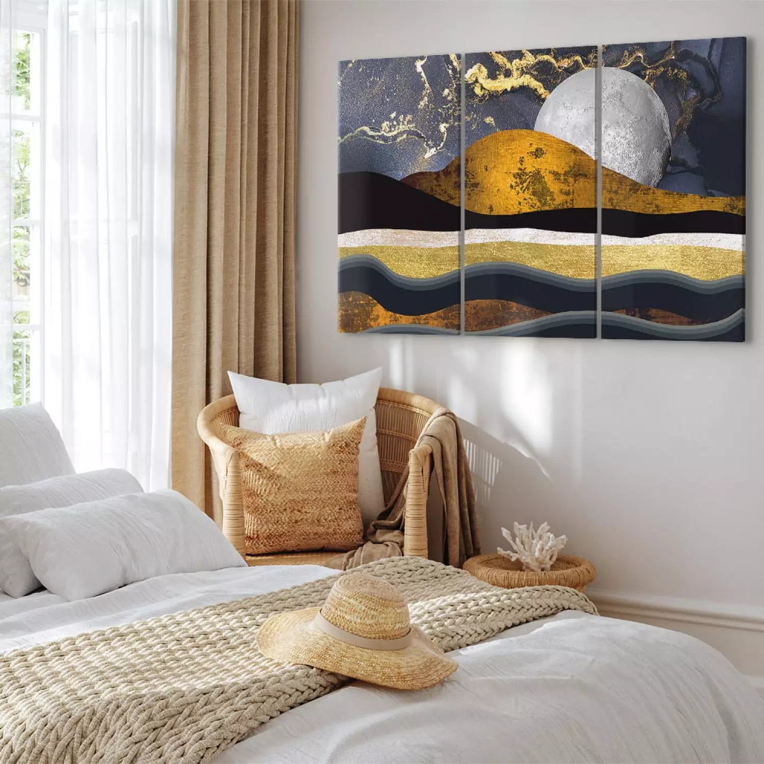 Canvas Art Print Golden Night (3-piece) - gilded sky and moon in art deco style
