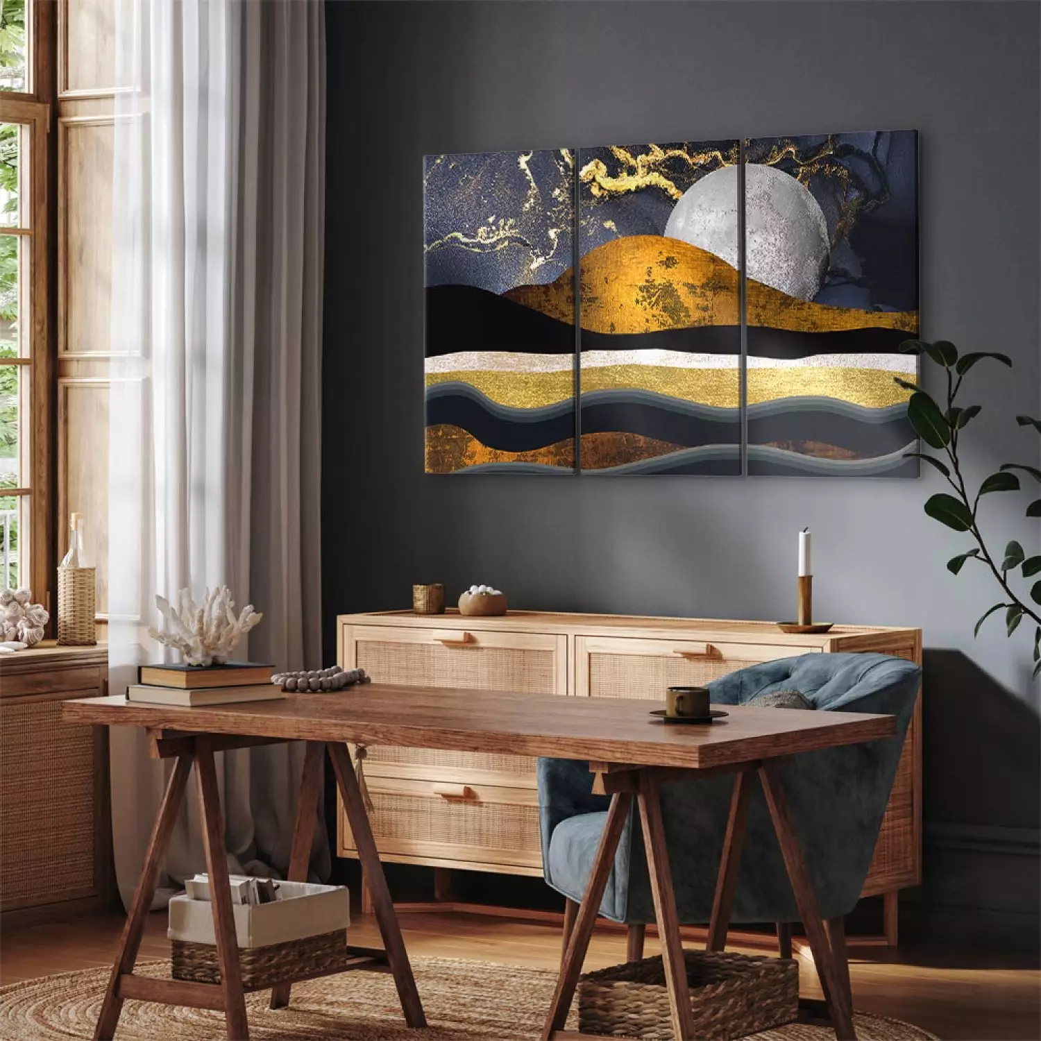 Canvas Art Print Golden Night (3-piece) - gilded sky and moon in art deco style
