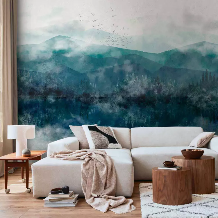 Wall Mural Blue hills with lake - landscape of mountains with forest in mist with patterns