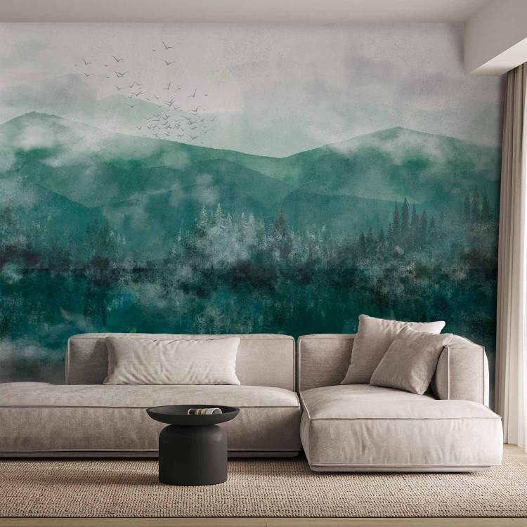 Wall Mural Green hills with lake - mountainscape with forest in fog with pattern