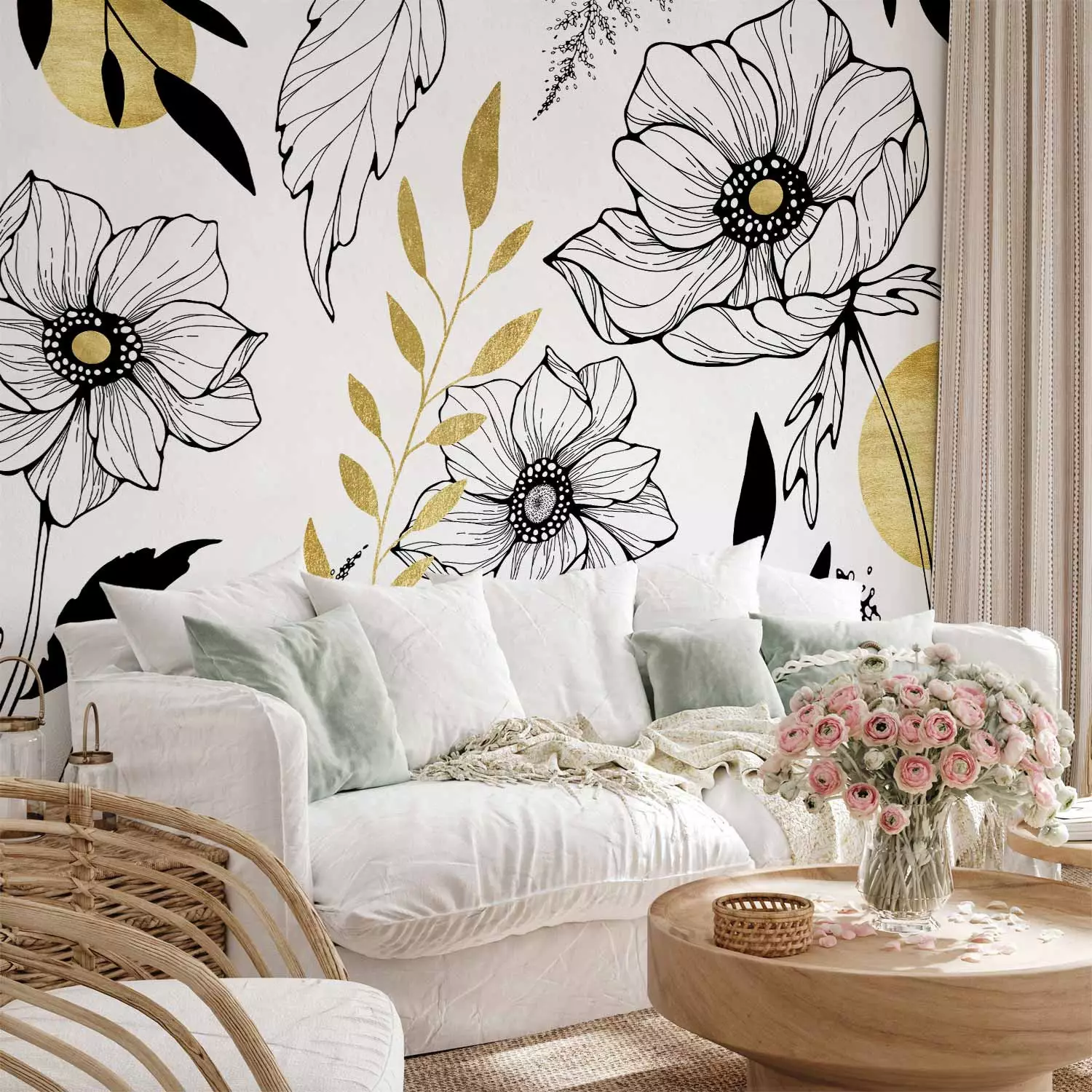 Photo Wallpaper Drawn meadow - lineart style flower motif with gold patterns