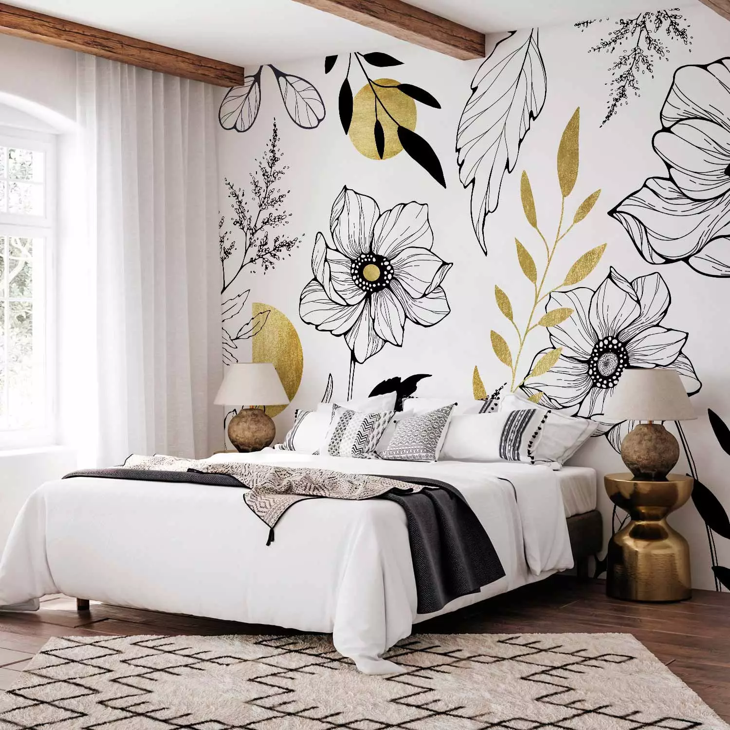 Photo Wallpaper Drawn meadow - lineart style flower motif with gold patterns