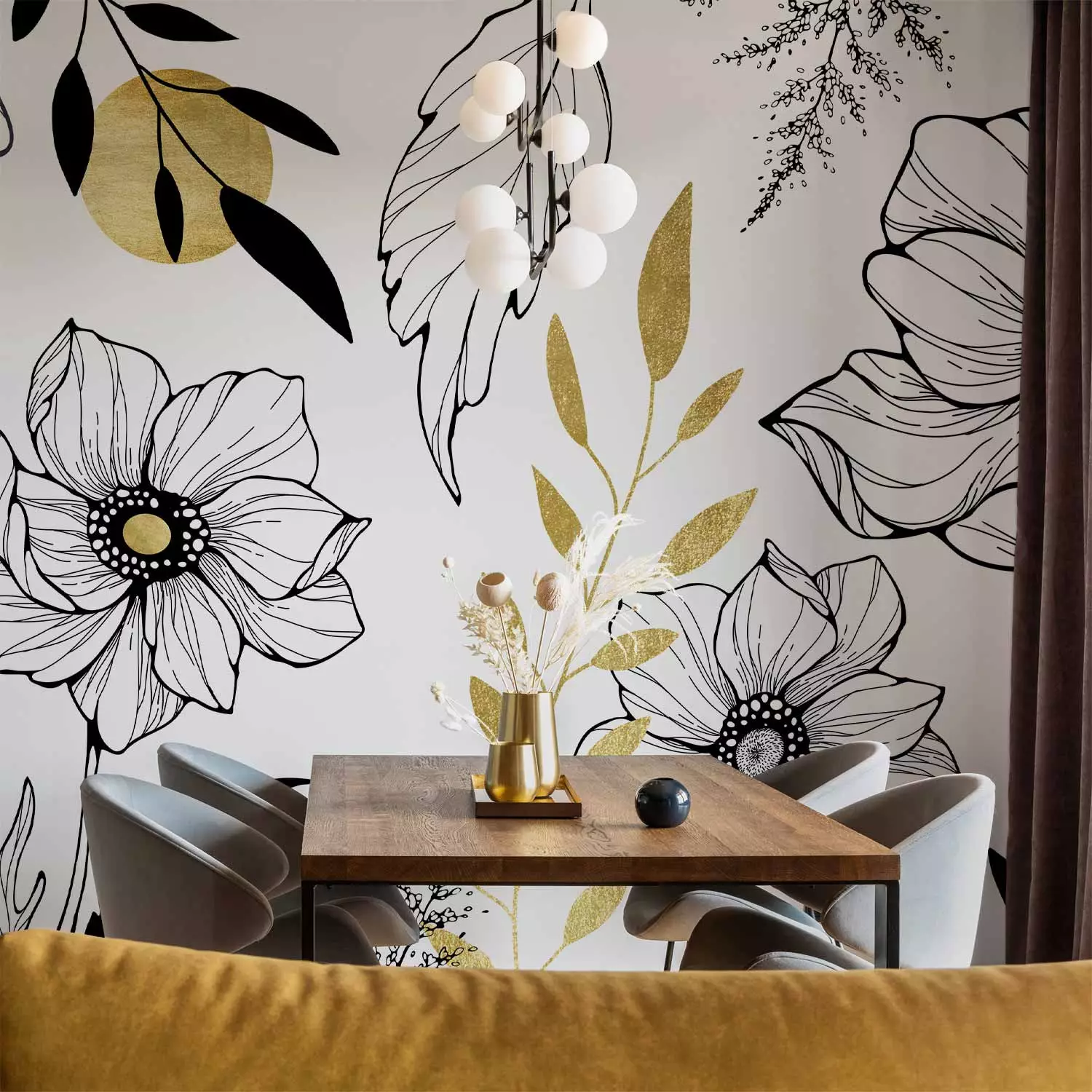 Photo Wallpaper Drawn meadow - lineart style flower motif with gold patterns