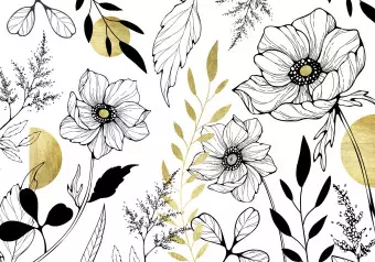 Photo Wallpaper Drawn meadow - lineart style flower motif with gold patterns Wallpaper Cropper