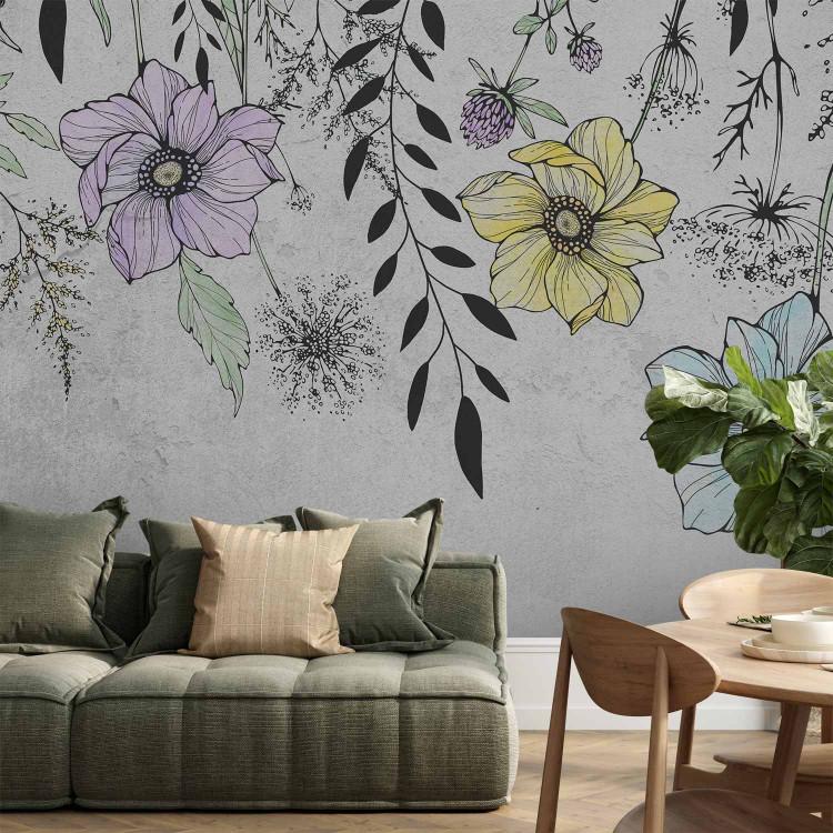Wall Mural Graphic meadow - motif of field flowers in lineart style on grey background