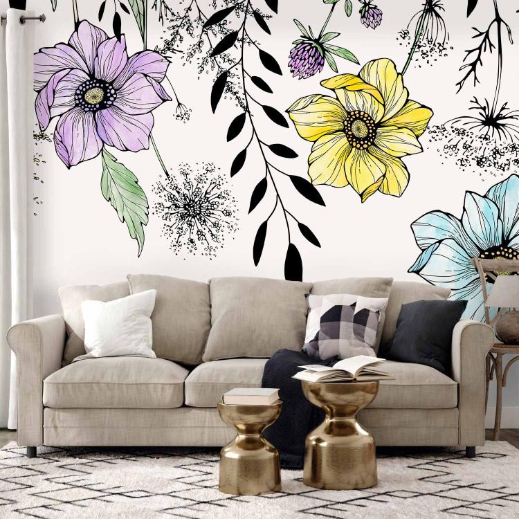 Wall Mural Graphic meadow - motif of colourful field flowers in lineart style