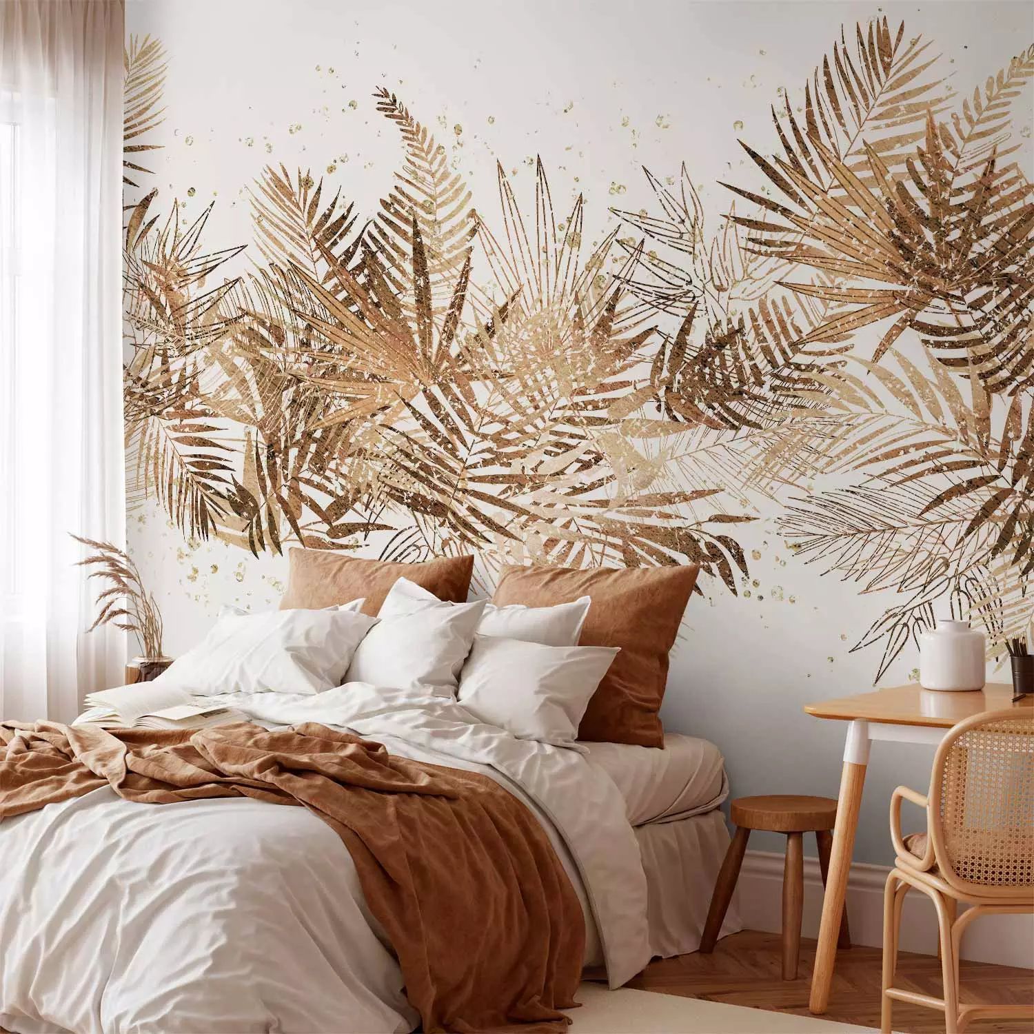 Wall Mural Jungle and golden plume - tropical leaves motif on white background