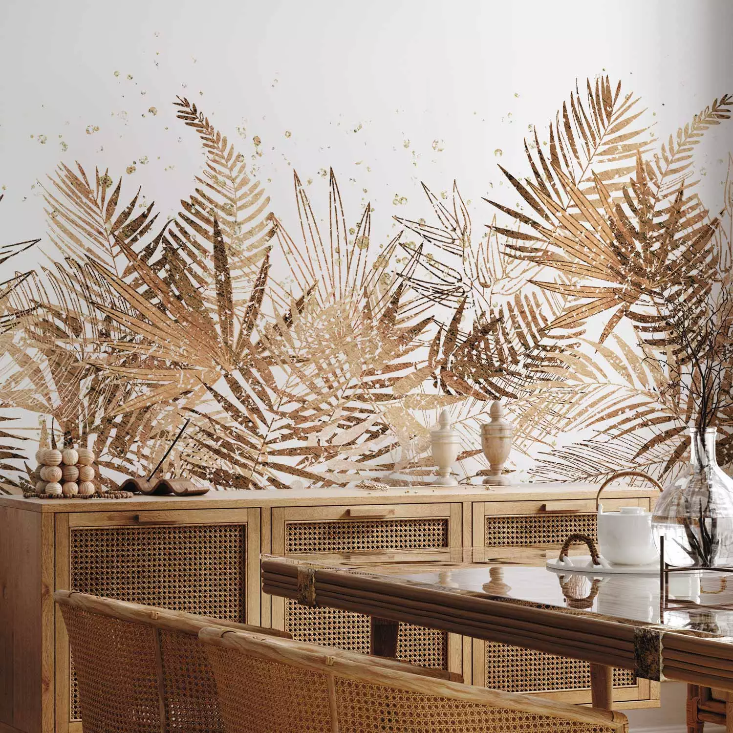 Wall Mural Jungle and golden plume - tropical leaves motif on white background