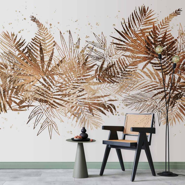 Wall Mural Jungle and golden plume - tropical leaves motif on white background