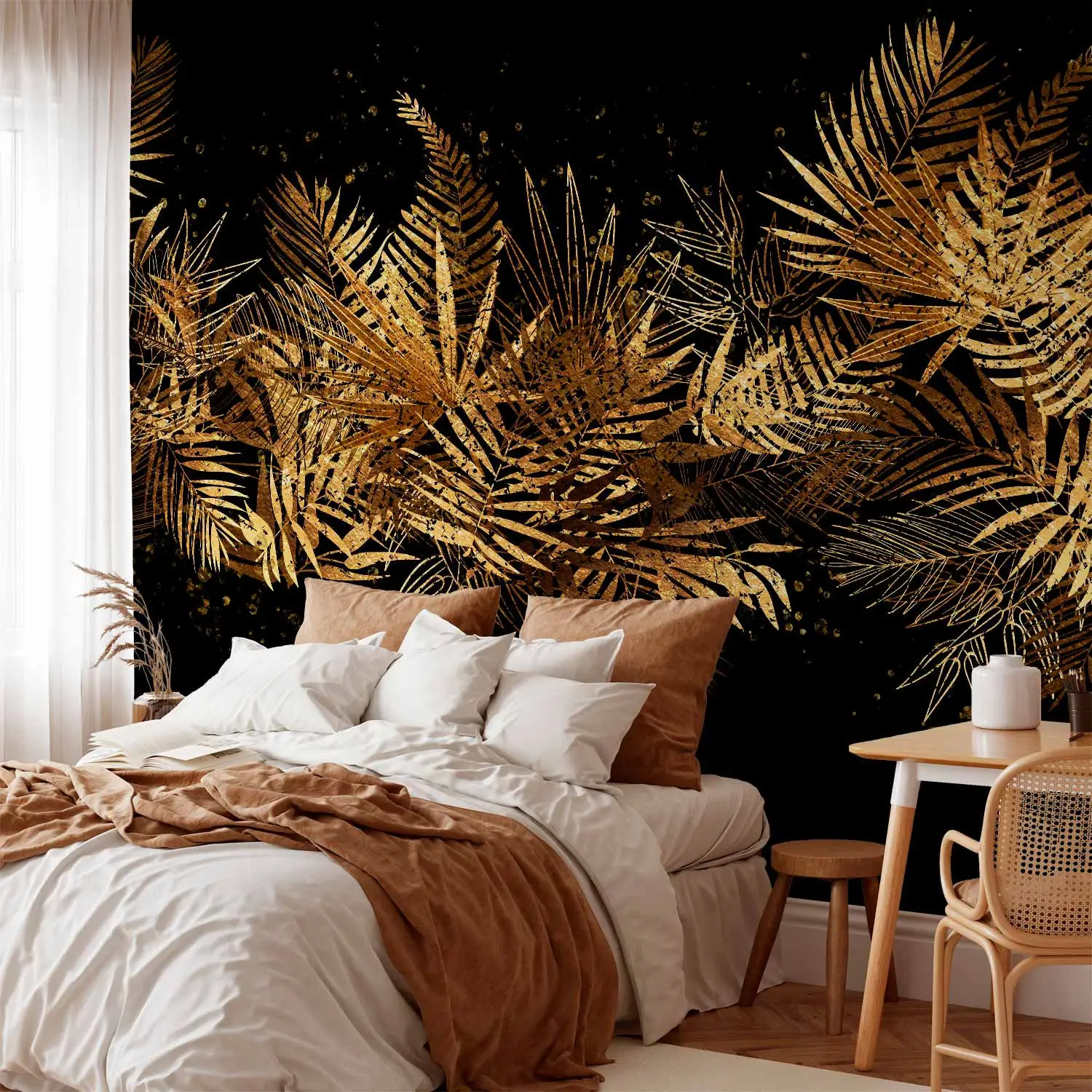 Black, White & Gold Tropical Leaf Wallpaper Mural: Removable Wall Decor