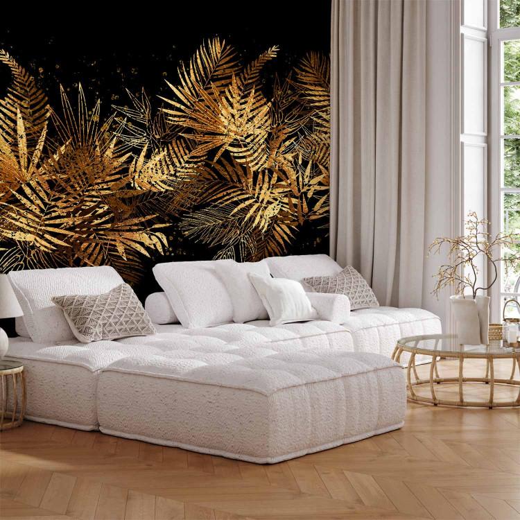 Wall Mural Jungle and plume - golden tropical leaves motif on black background