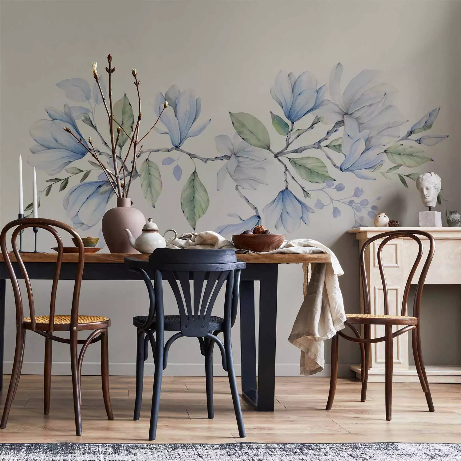 Wall Mural Magnolia in bloom - romantic flower motif in blue