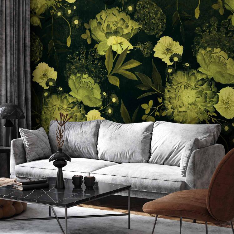 Wall Mural Nature - composition of flowers in green tones on a black background