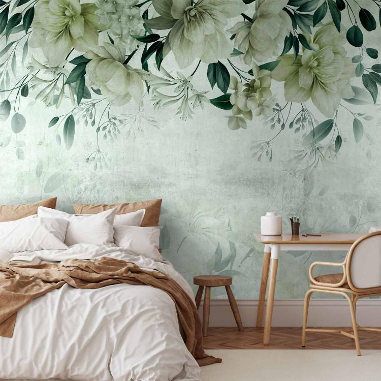 Wall Mural Delicate nature - composition of flowers in shades of green on a light background