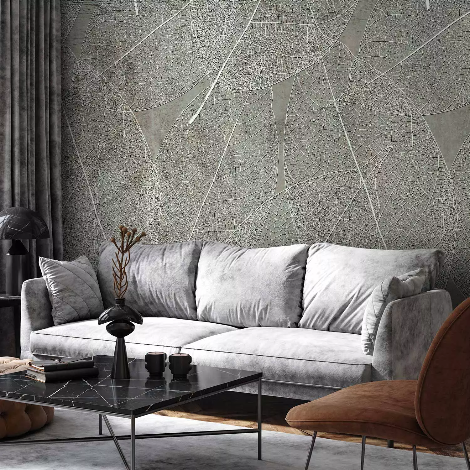 Wall Mural Nature direction - landscape with white leaf motif on muted background