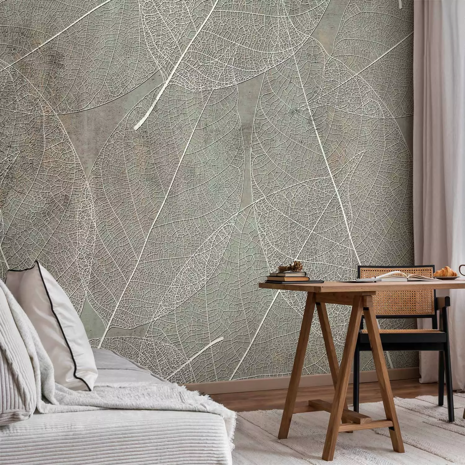 Wall Mural Nature direction - landscape with white leaf motif on muted background
