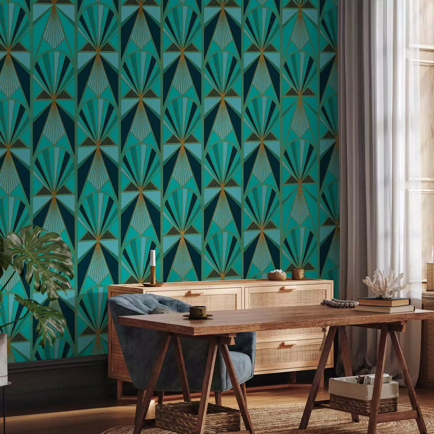 Wall Mural Green abstraction - colourful patterns in gold frame in art deco style