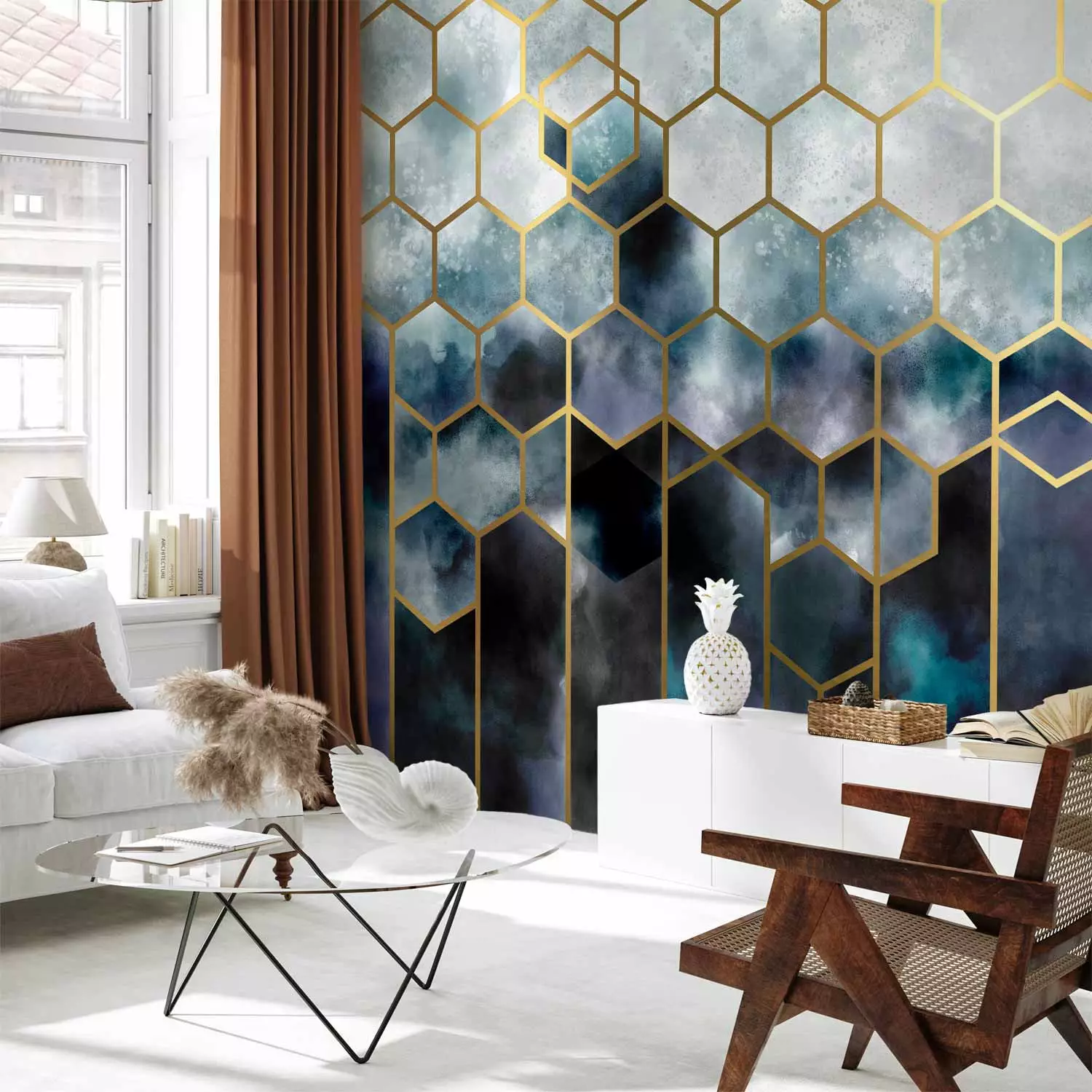 Wall Mural Abstraction - delicate cosmos motif in gold frame in art deco style