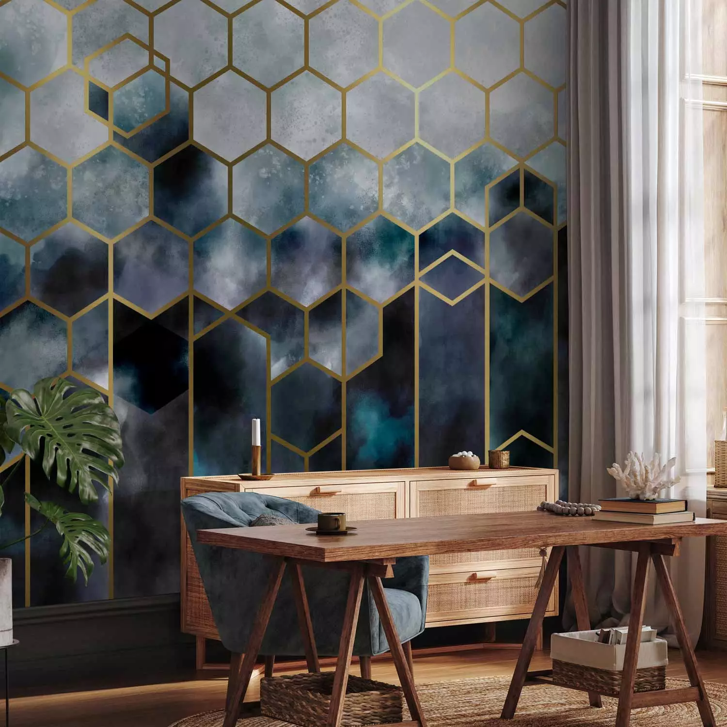 Wall Mural Abstraction - delicate cosmos motif in gold frame in art deco style