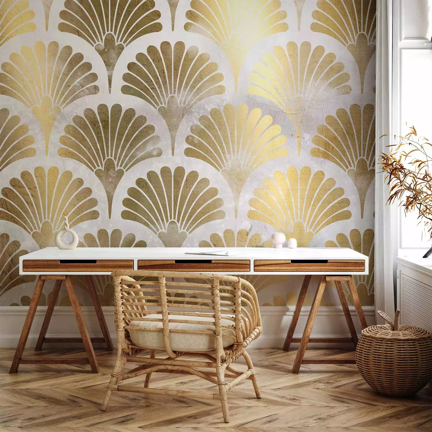 Photo Wallpaper Abstract - gold fan motif in art deco style on white background