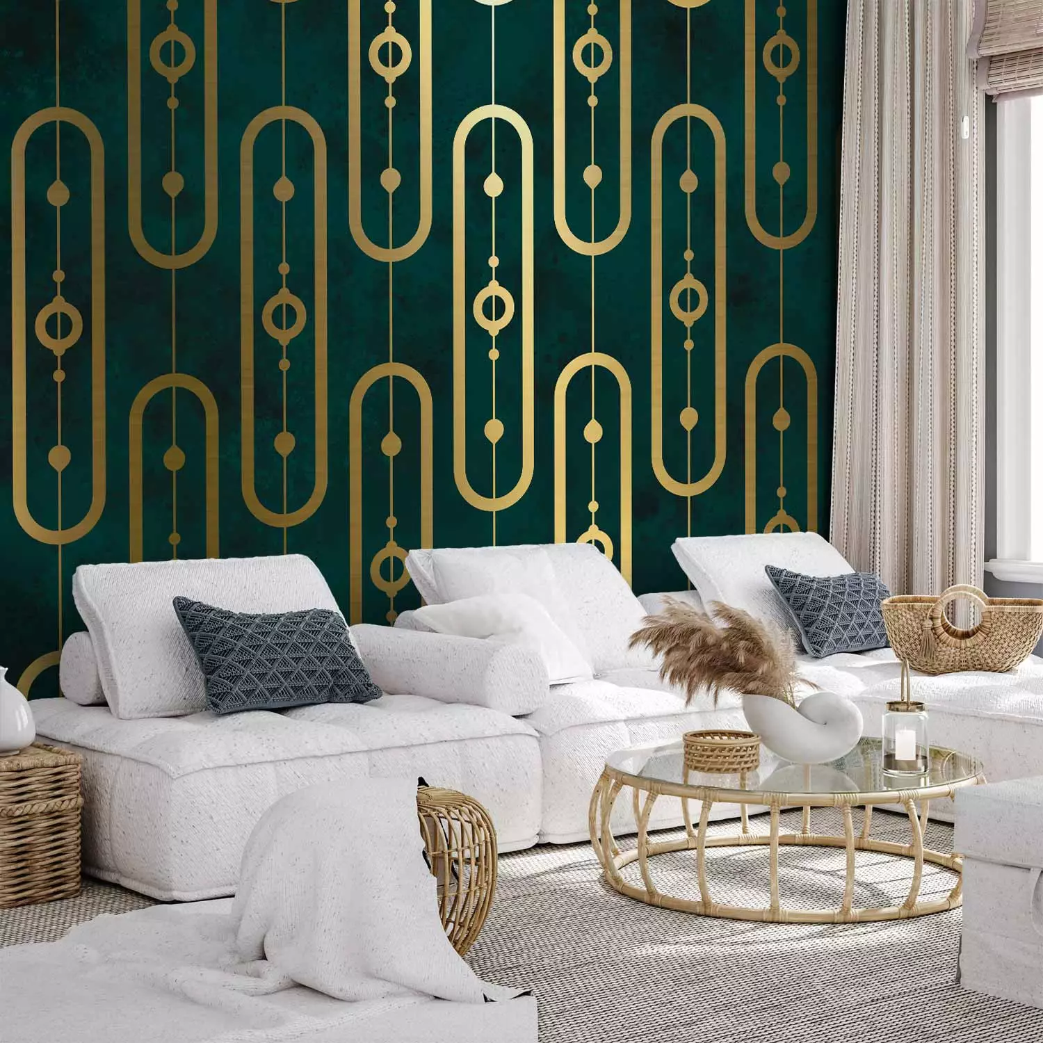 Photo Wallpaper Art deco - abstract with gold chain motif on turquoise background