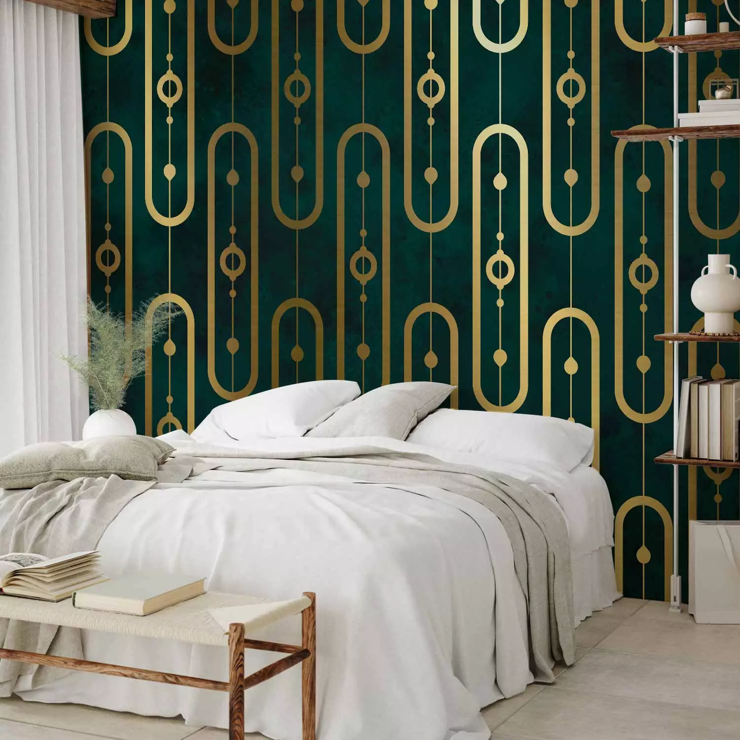 Photo Wallpaper Art deco - abstract with gold chain motif on turquoise background