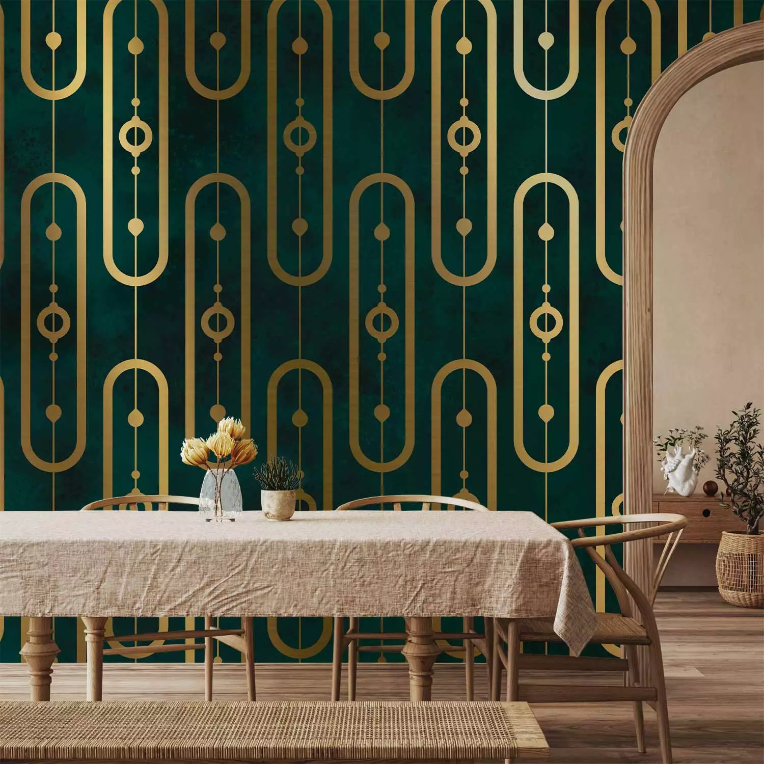 Photo Wallpaper Art deco - abstract with gold chain motif on turquoise background