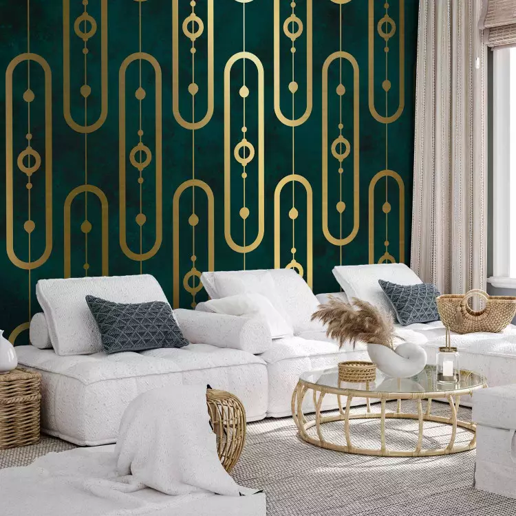 Art deco - abstract with gold chain motif on turquoise background