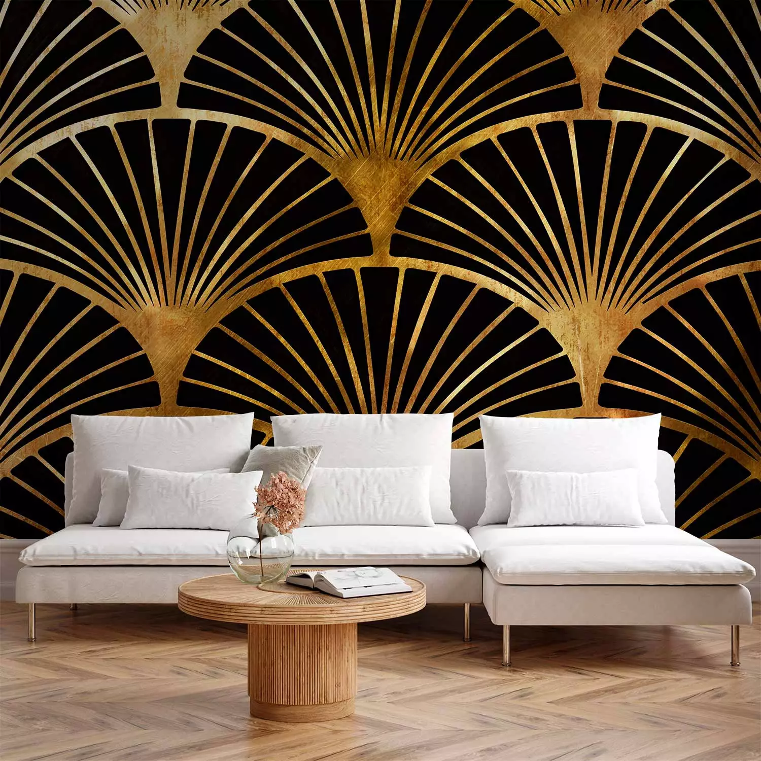 Photo Wallpaper Art deco fan - abstract with black fans on a gold background