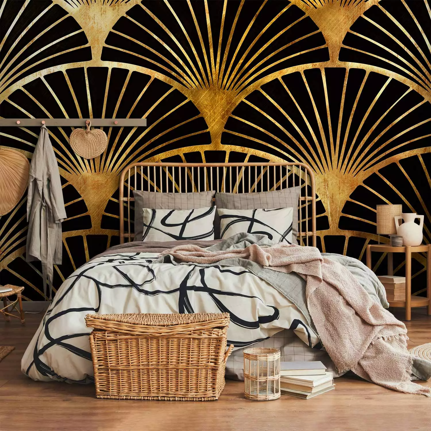 Photo Wallpaper Art deco fan - abstract with black fans on a gold background