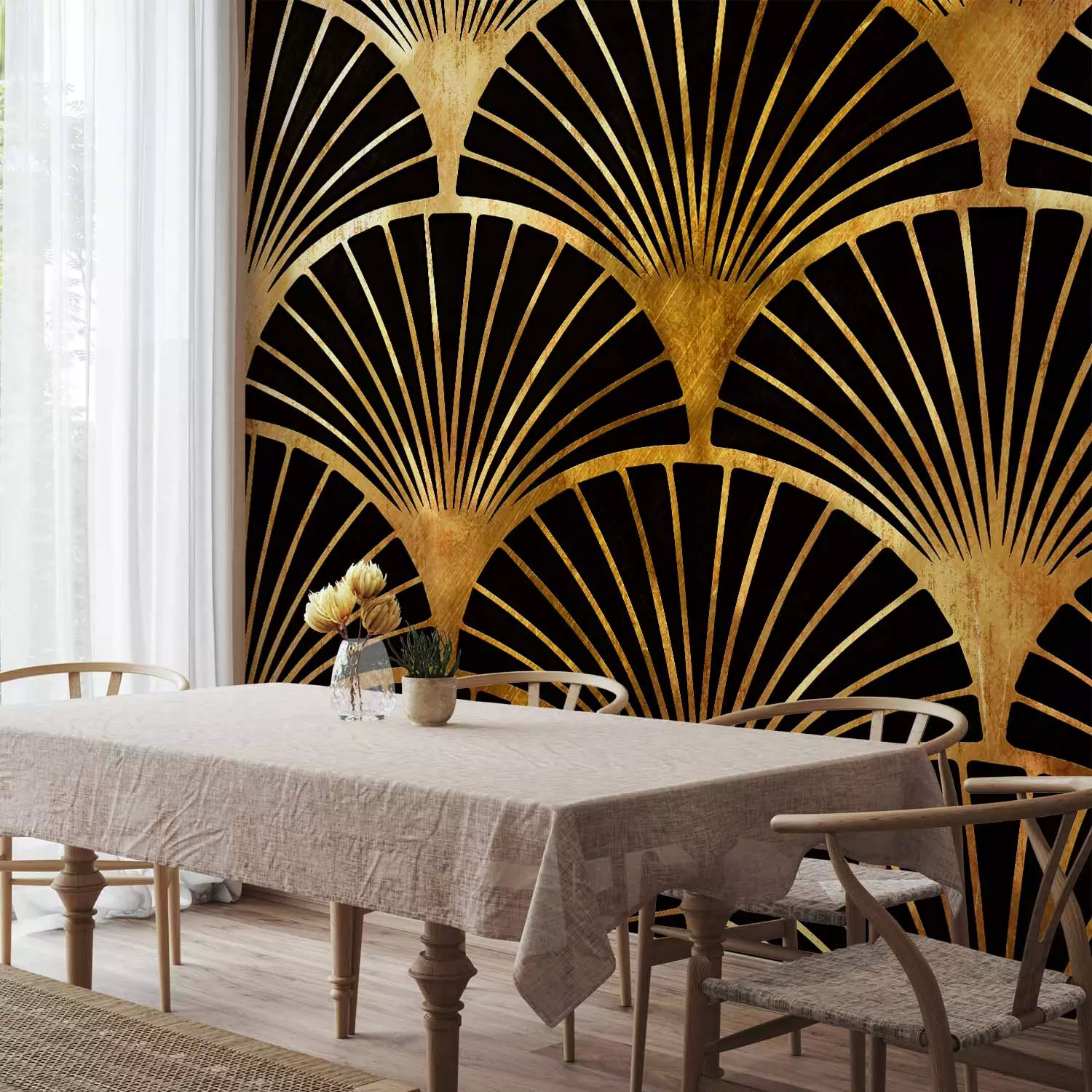 Photo Wallpaper Art deco fan - abstract with black fans on a gold background