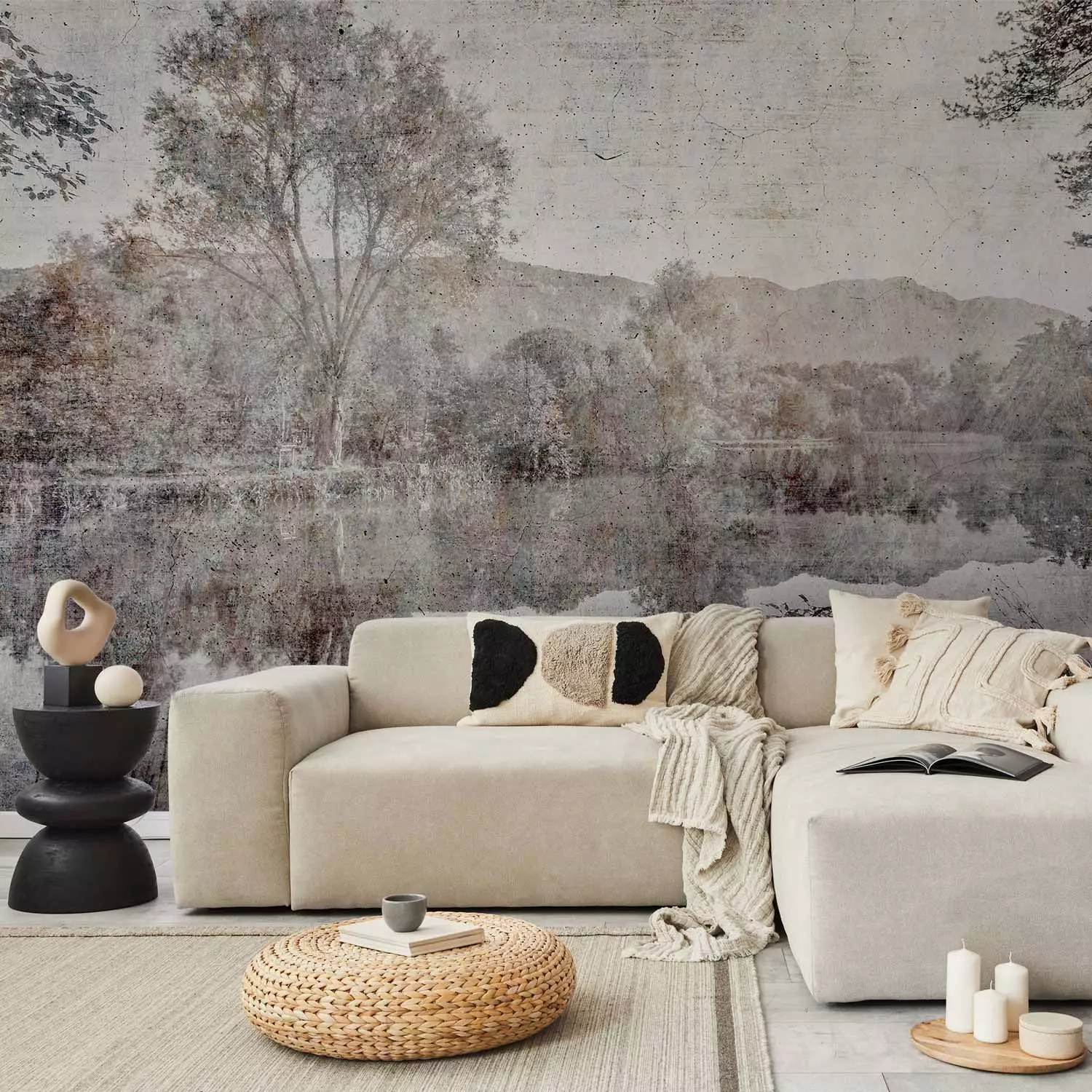 Wall Mural Lake view - landscape of a calm lake and trees with mountains in the background