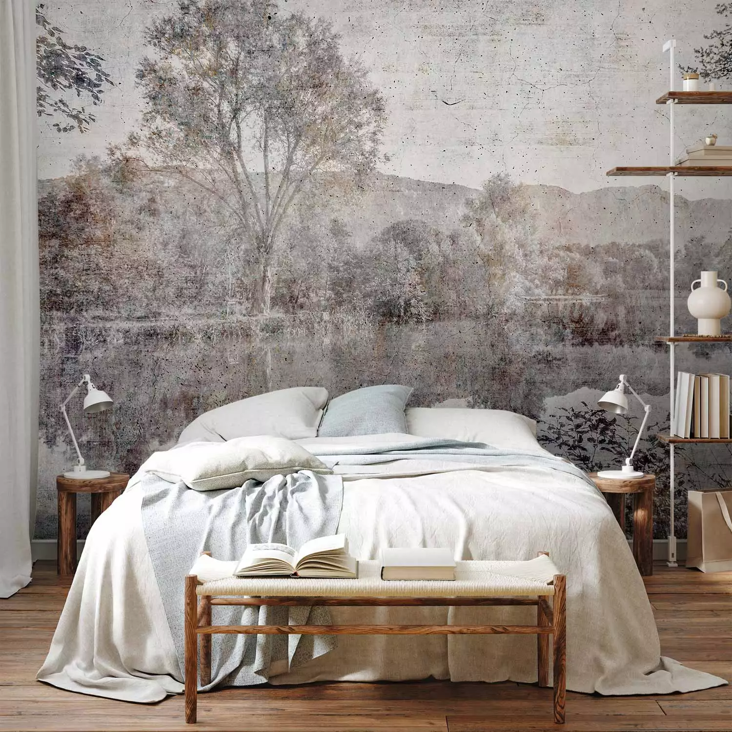 Wall Mural Lake view - landscape of a calm lake and trees with mountains in the background