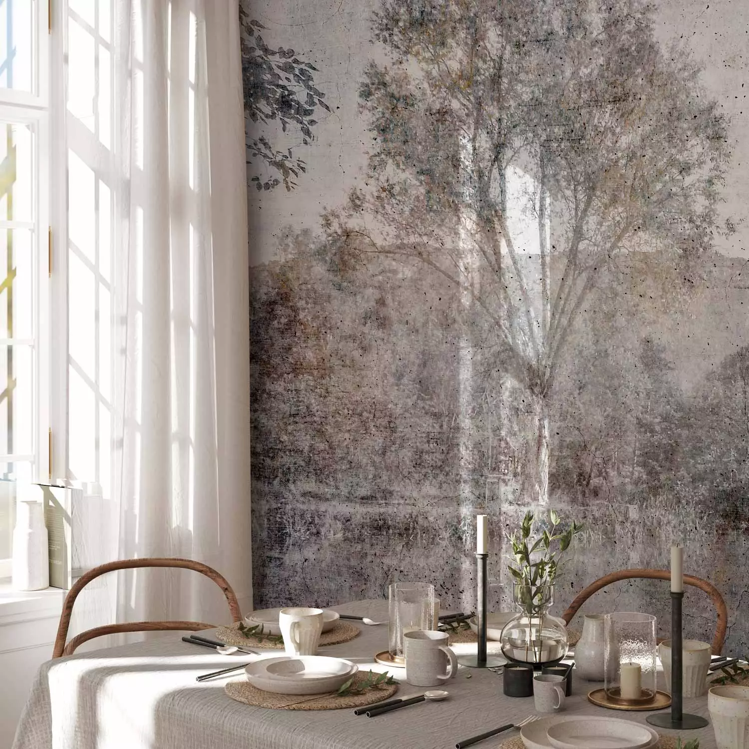 Wall Mural Lake view - landscape of a calm lake and trees with mountains in the background